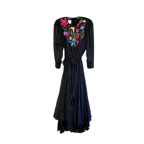 Vintage Diane Freis Original Black Silk Dress With Colorful Beaded Floral Design - Picture 1 of 7
